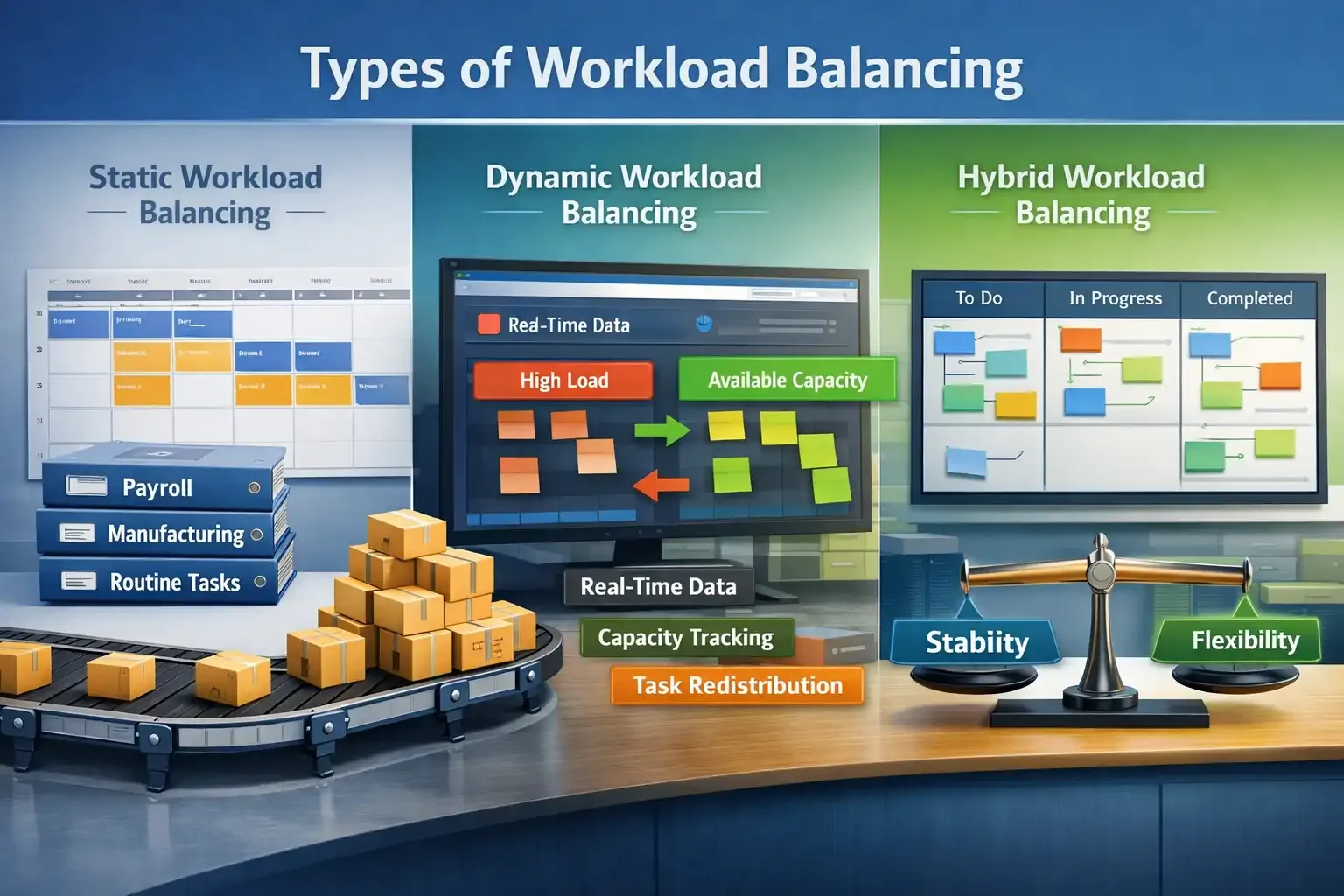Infographic showing static, dynamic, and hybrid workload balancing